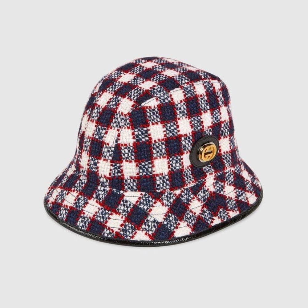 Gucci Bucket Tweed Hat - Red, Blue, and White with Imetal gg logo
